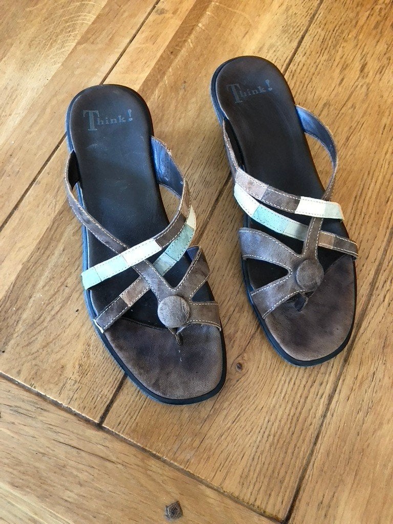 Bruine leren Think! Slippers, maat 39, Kleding | Dames, Schoenen, Slippers, Bruin, Verzenden, Think!