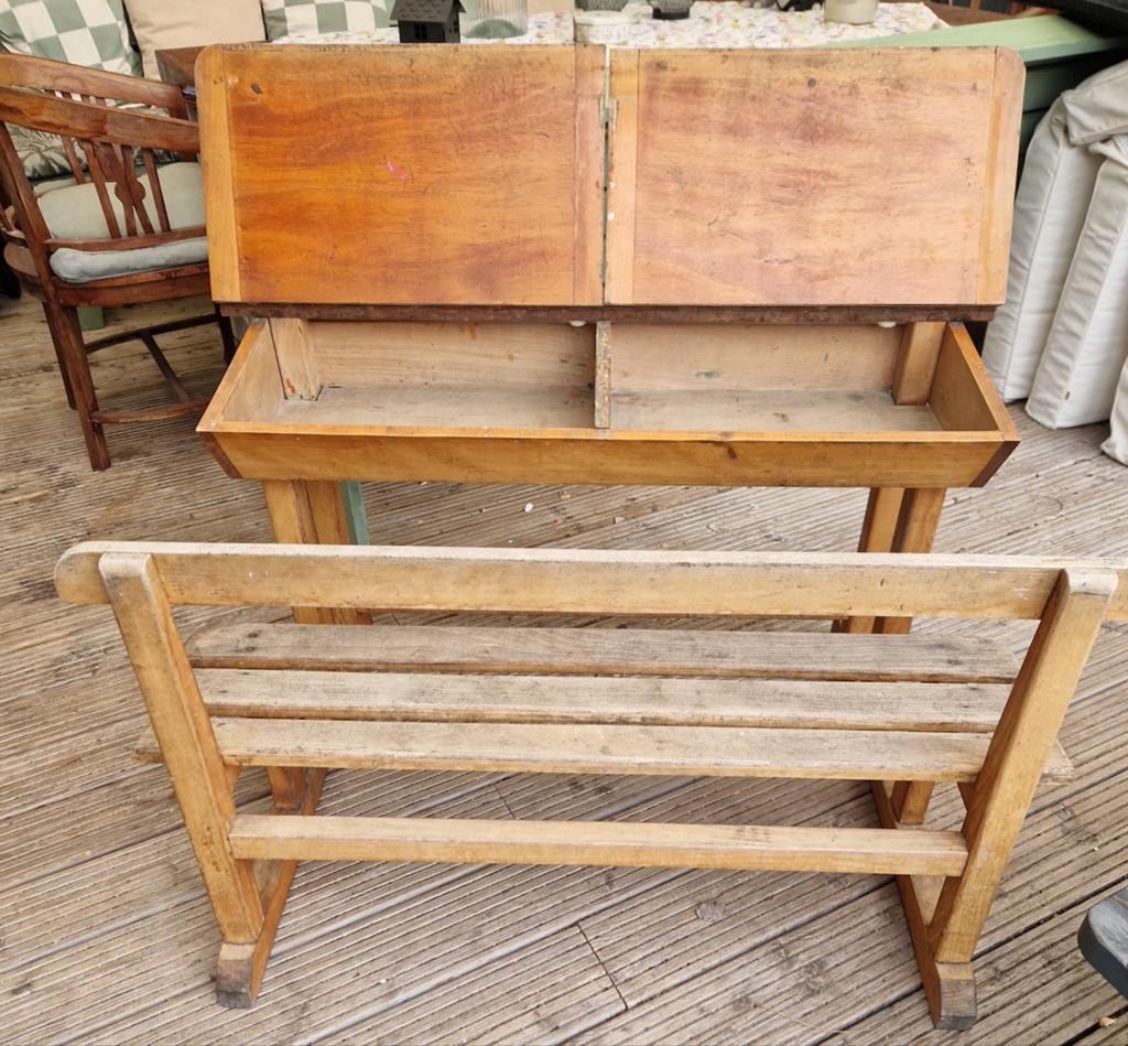 Vintage houten schoolbank met bankje, Ophalen