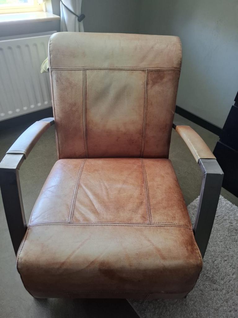 2 stuks Vintage Leren Fauteuils Cognac, Ophalen, Gebruikt, 75 tot 100 cm, 50 tot 75 cm