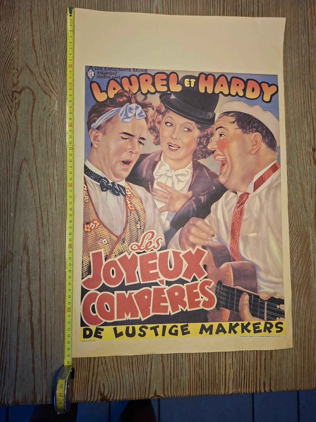 Vintage Laurel & Hardy poster - Les Joyeux Compères, Ophalen of Verzenden, A1 t/m A3, Film en Tv, Rechthoekig Staand