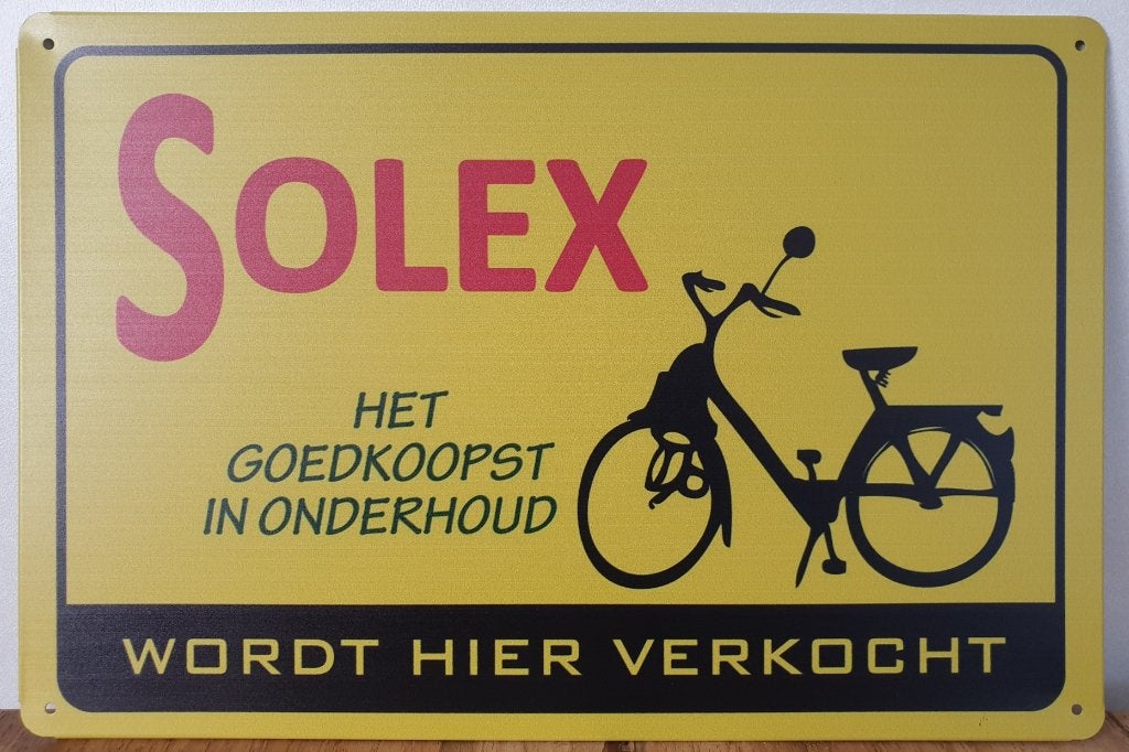 Solex wordt hier verkocht reclamebord van metaal wandbord, Info@deconoord.nl, Deco Noord, Nieuw, Ophalen of Verzenden
