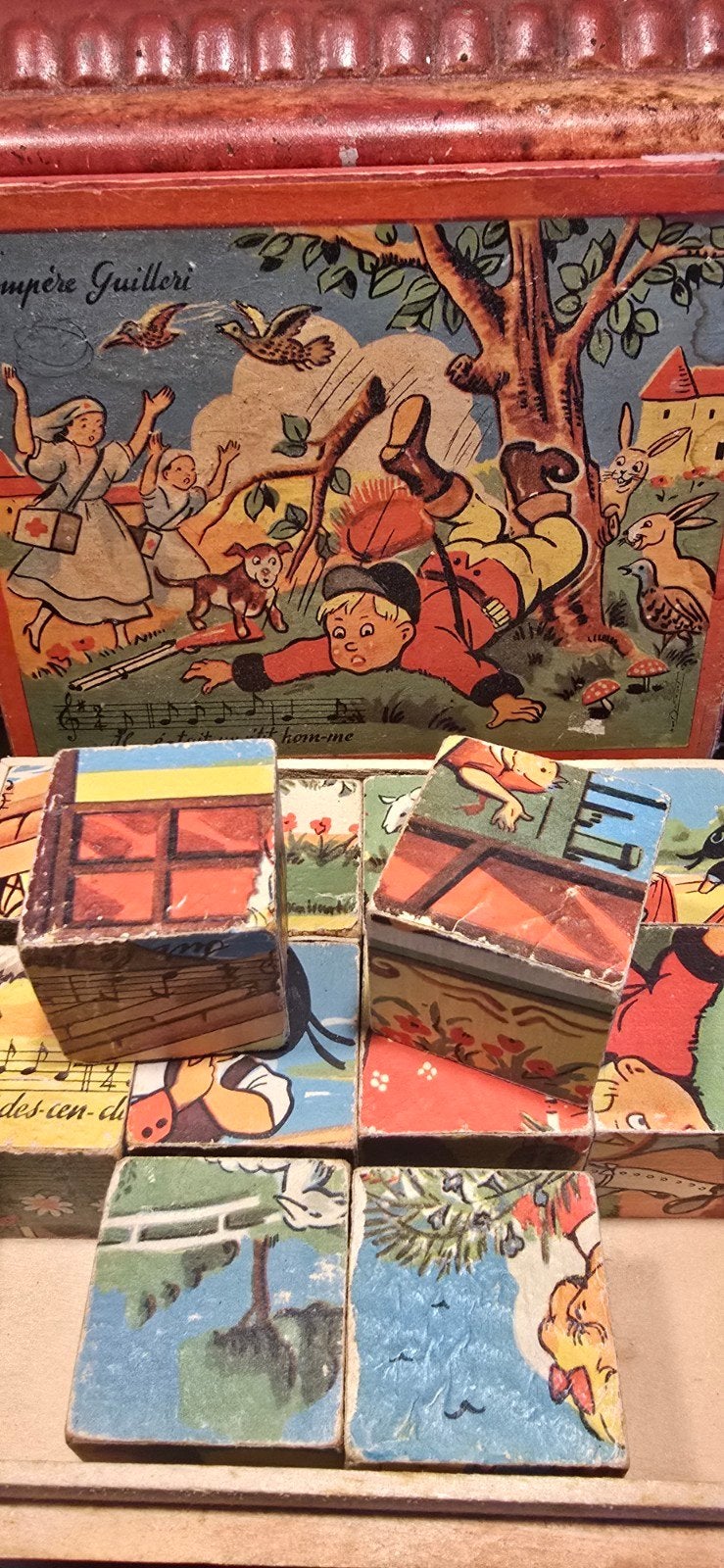 Oude Franse houten blokkendoos puzzel kinderen, Ophalen of Verzenden