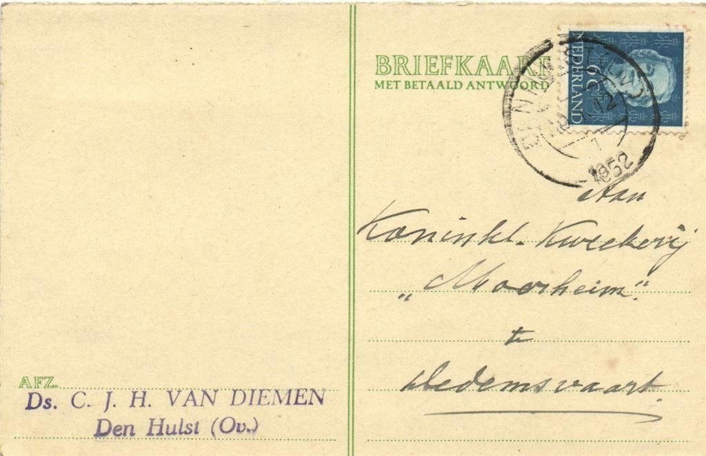 Ds. C.J.H. van Diemen, Den Hulst [Ov.] - 01.1952 - briefkaar, Ophalen of Verzenden, Briefkaart
