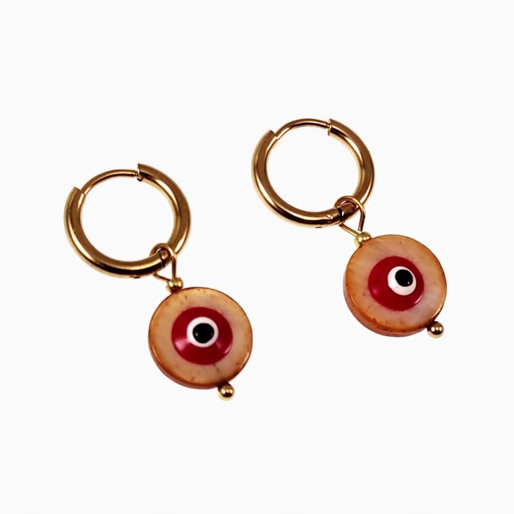 Ø14mm Oorringen + Bruine Ronde Schelp Hanger Verguld Stalen, Overige materialen, Hangers, Birgitta-Gracht 33, 6465 EL Kerkrade, Nederland
