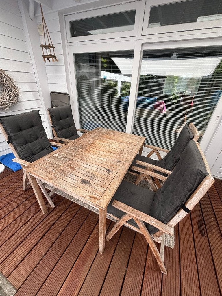 Teakhouten tuinset met kussens (uitschuifbaar), Tuin en Terras, Tuinsets en Loungesets, Ophalen, 4 zitplaatsen, Gebruikt, Teakhout