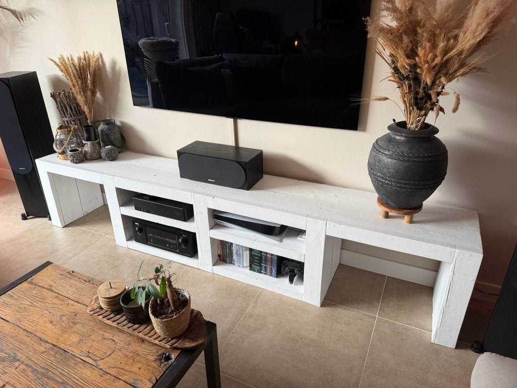 Uniek robuust TV-meubel 260 cm Maatwerk steigerhout wit, Ophalen, 200 cm of meer, Minder dan 100 cm, 25 tot 50 cm