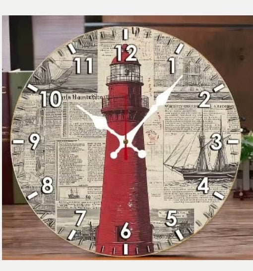 Ronde wandklok van hout Rode Vuurtoren (25cm), Ophalen of Verzenden, Nieuw, Wandklok