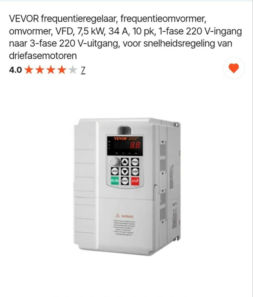 VEVOR VFD 7,5 kW, 34 A, 10 HP frequentieomvormer, Doe-het-zelf en Verbouw, Motoren, Ophalen of Verzenden, Nieuw, Elektromotor