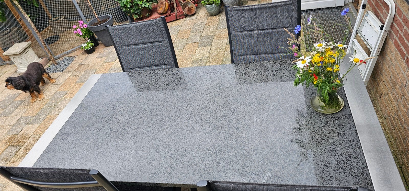 Rvs tuintafel met natuurstenen blad, Ophalen, Rvs