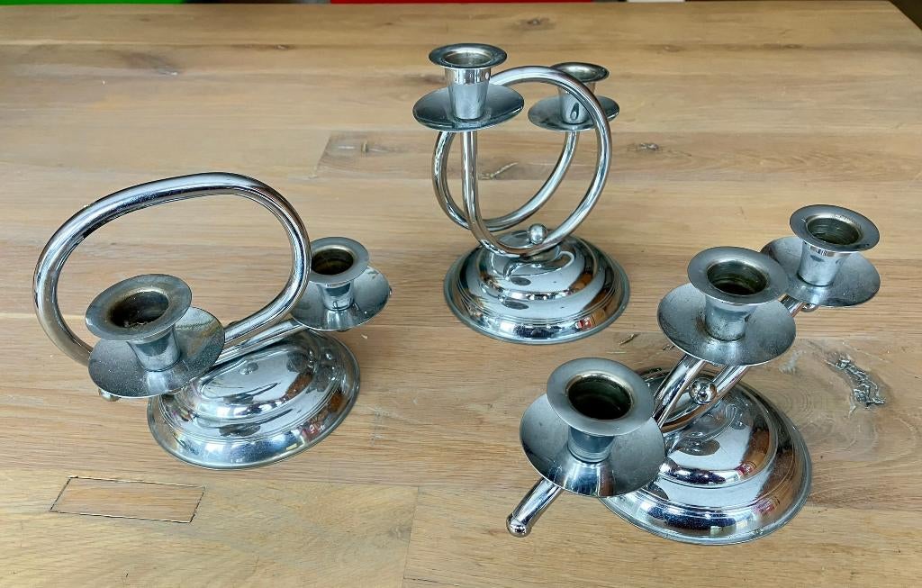 3 x Demeyere kandelaar kaarsenhouders chroom Art Deco stijl, Huis en Inrichting, Woonaccessoires | Kandelaars en Kaarsen, Overige kleuren