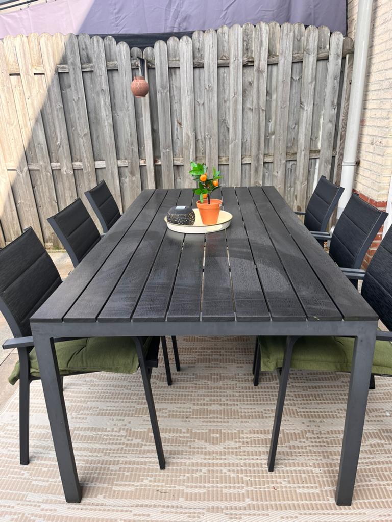 Moderne zwarte tuinset met 6 stoelen, Ophalen, Gebruikt, Eettafel, 6 zitplaatsen