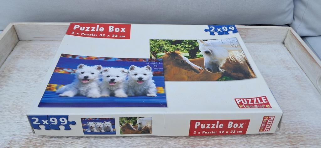 Puzzle Box: 2x99 stukjes met puppy's en paarden, Ophalen of Verzenden, Gebruikt, Overige merken