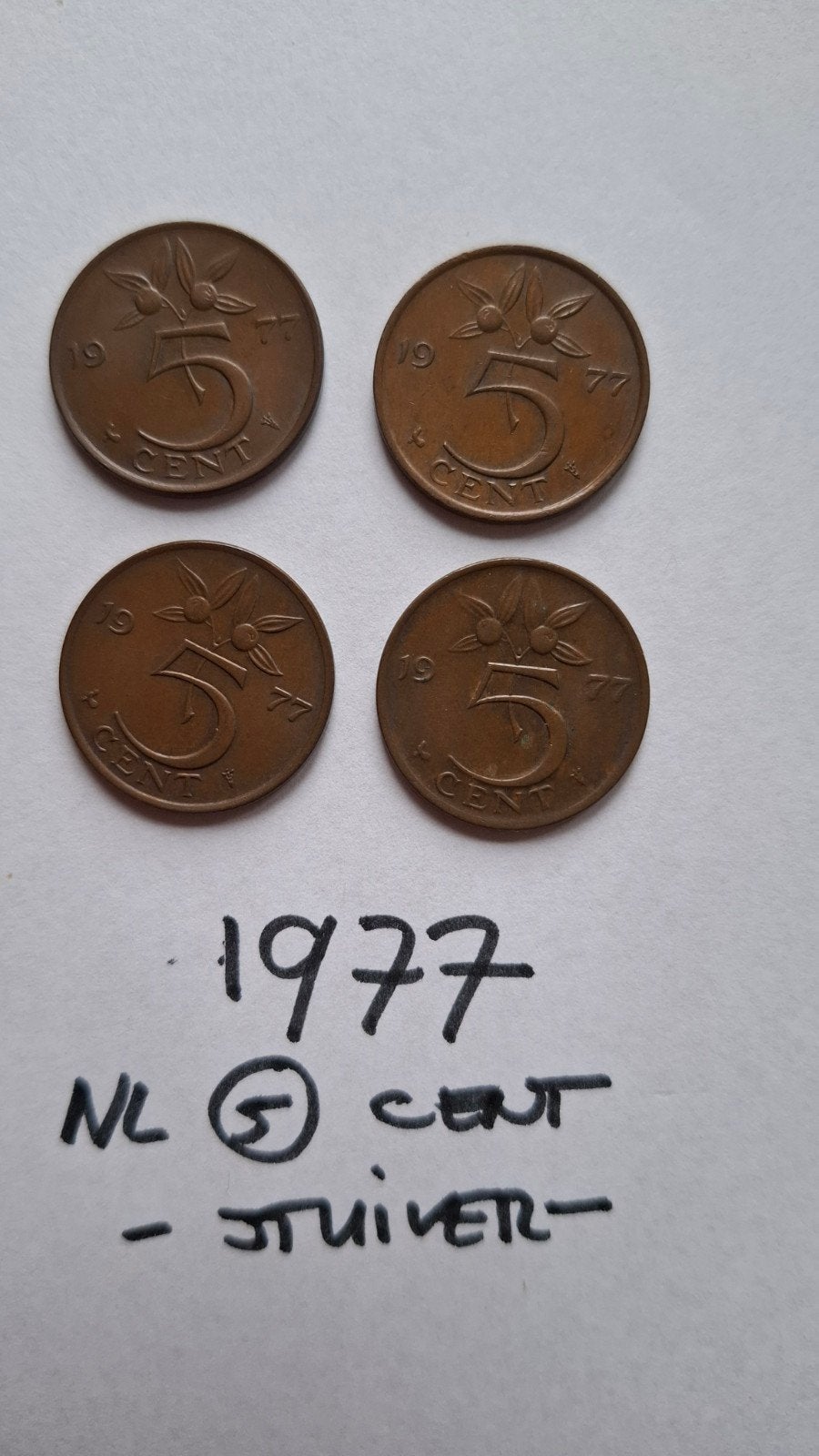 Oude munten: 4x Nederland 5 cent stuiver 1977, Ophalen of Verzenden, Overige landen