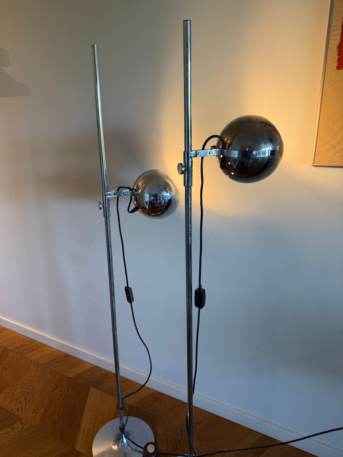 Space age chromen 2 staande bol lampen, Ophalen, Gebruikt, E27 (groot), Metaal