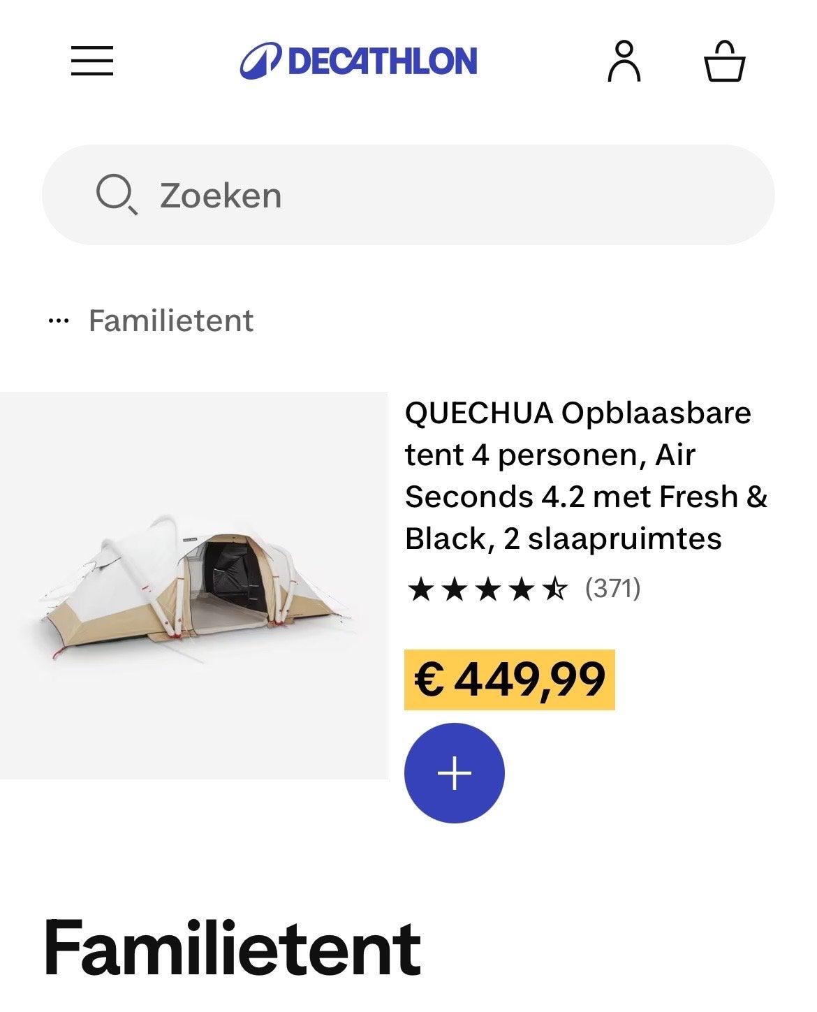 QUECHUA Opblaasbare familietent Air Seconds 4.2 Fresh & Blac, Ophalen of Verzenden, Zo goed als nieuw, Tot en met 4