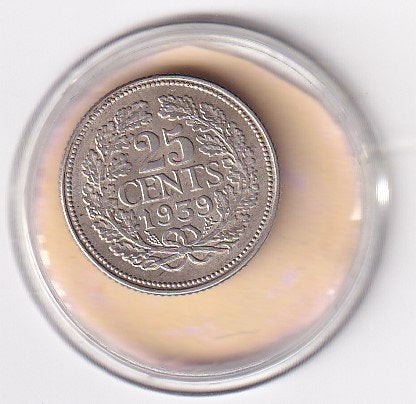 25 Cent 1939 met tikje in de rand, Verzenden, Zilver, 25 cent, Koningin Wilhelmina