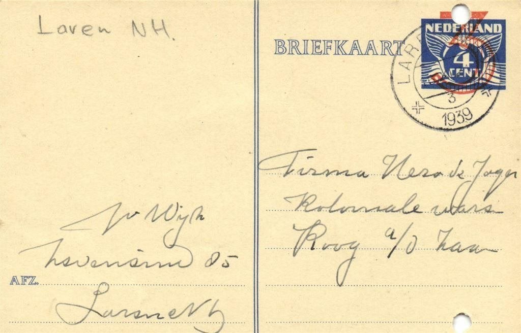 J. v. Wijk, Laren NH - 11.1939 - briefkaart, Postzegels en Munten, Brieven en Enveloppen | Nederland, Ophalen of Verzenden, Briefkaart