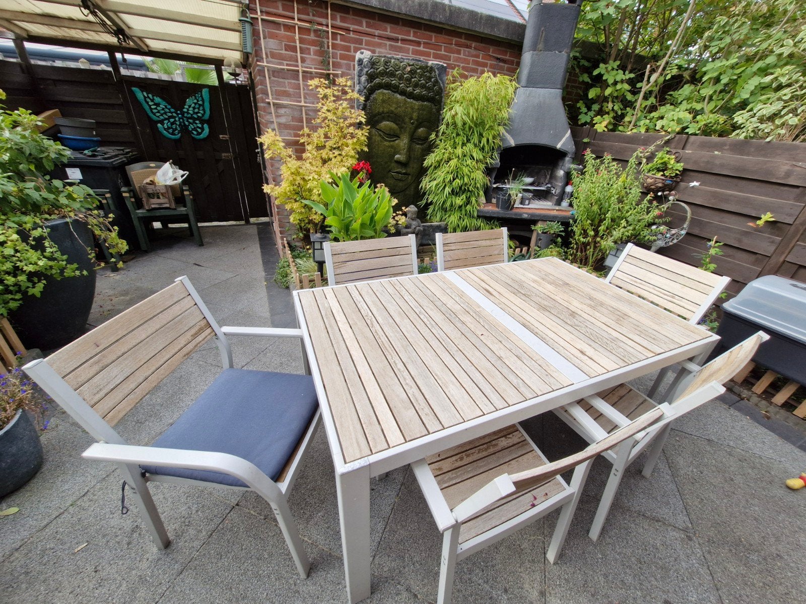 tuintafel met 6 stoelen, Ophalen, Gebruikt, Teakhout, 6 zitplaatsen
