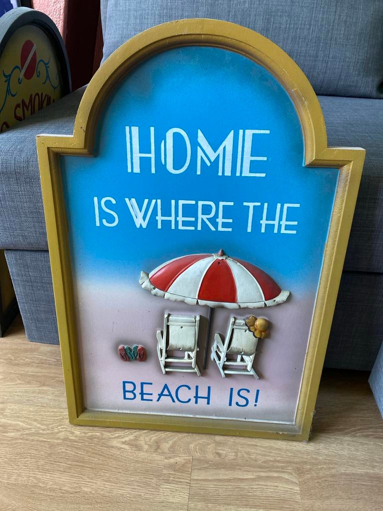 Wanddecoratie 'Home is where the beach is', Gebruikt, Hout, Meerkleurig, Decoratieobject