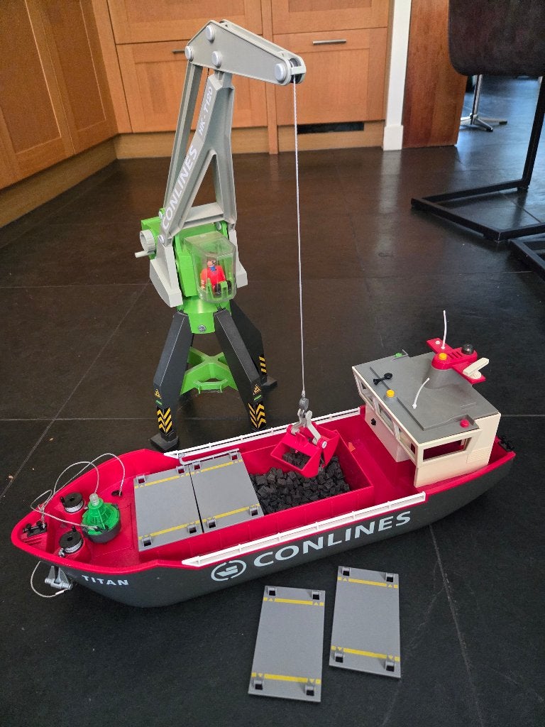 Playmobil vrachtschip en havenkraan conlines, complete set, Ophalen, Gebruikt, Complete set, Boot/Schip