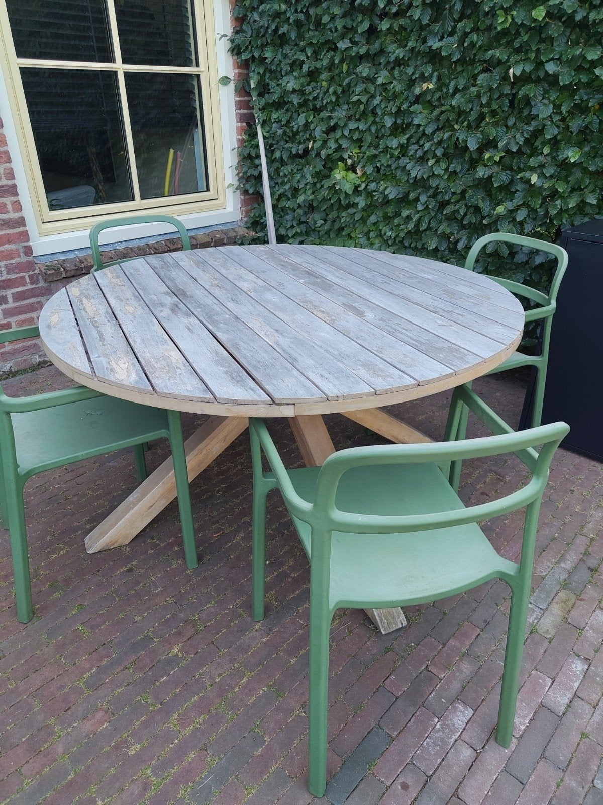 Ronde eettafel Karwei Lex acaciahout Ø 140 cm, Ophalen, Gebruikt, Rond, Hout