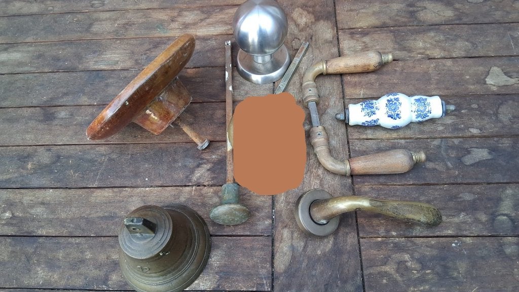 deurknop messing rvs hout , messing bel kruk, Ophalen of Verzenden, Gebruikt, Koper of Messing, Klink of Kruk