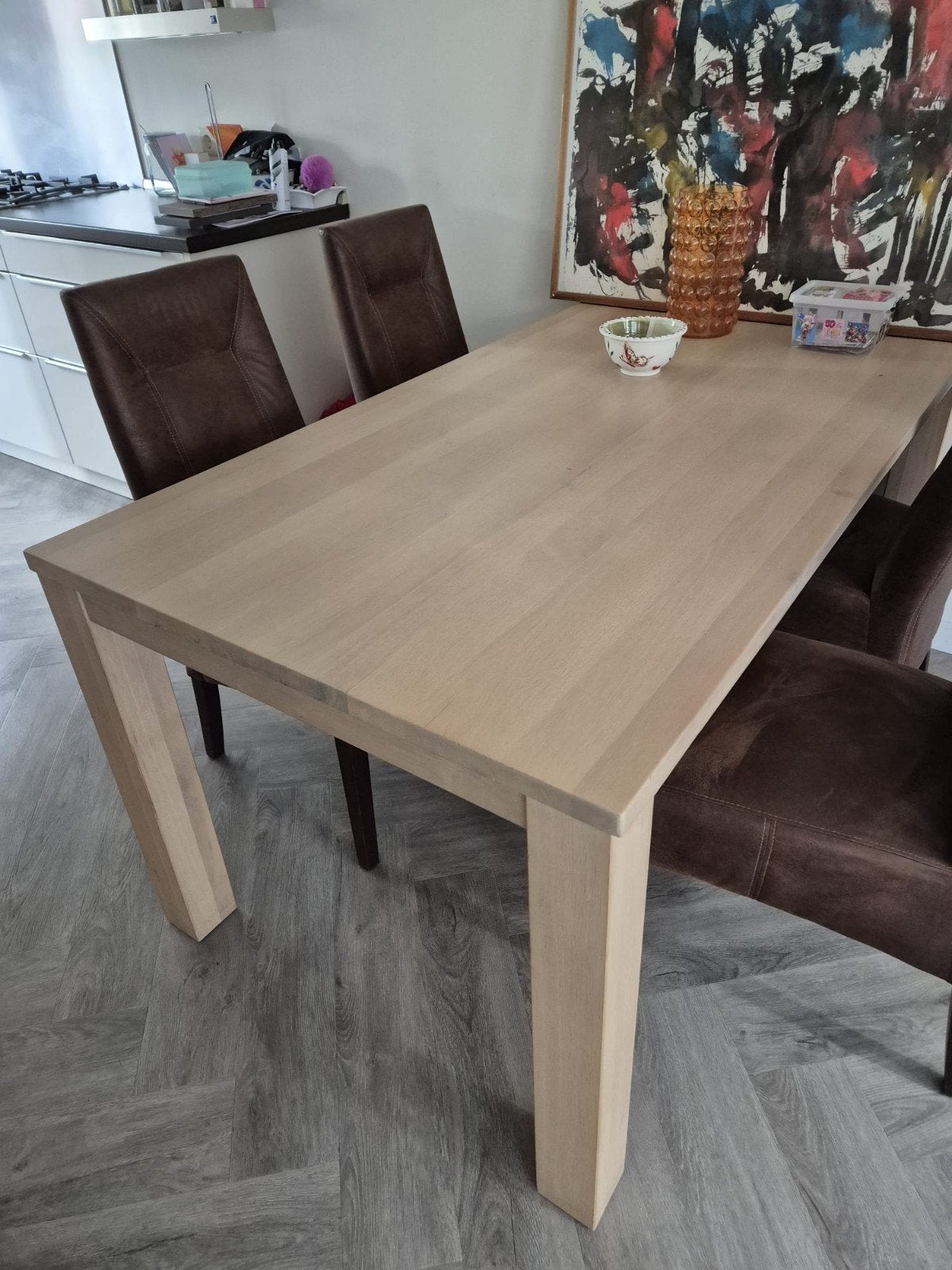 Eethoek met 6 mooie bruine stoelen, Gebruikt, Bruin, Ophalen of Verzenden, Stof