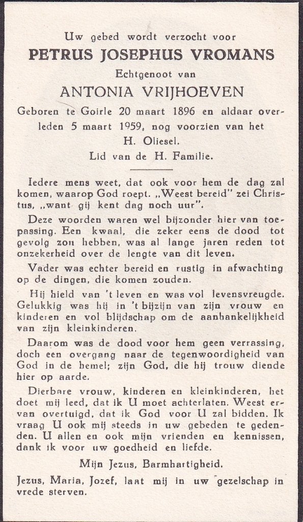 Vromans Petrus 1896 Goirle 1959, Ophalen of Verzenden, Bidprentje