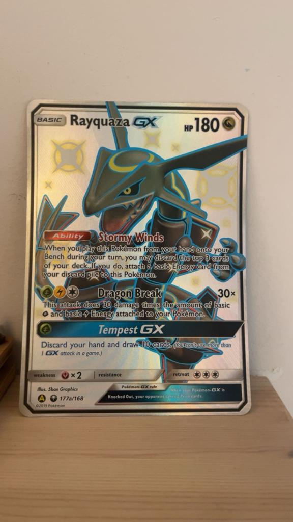 Pokémon Kaart Rayquaza GX 177a/168 Full Art Jumbo size, Ophalen of Verzenden, Zo goed als nieuw, Losse kaart, Foil
