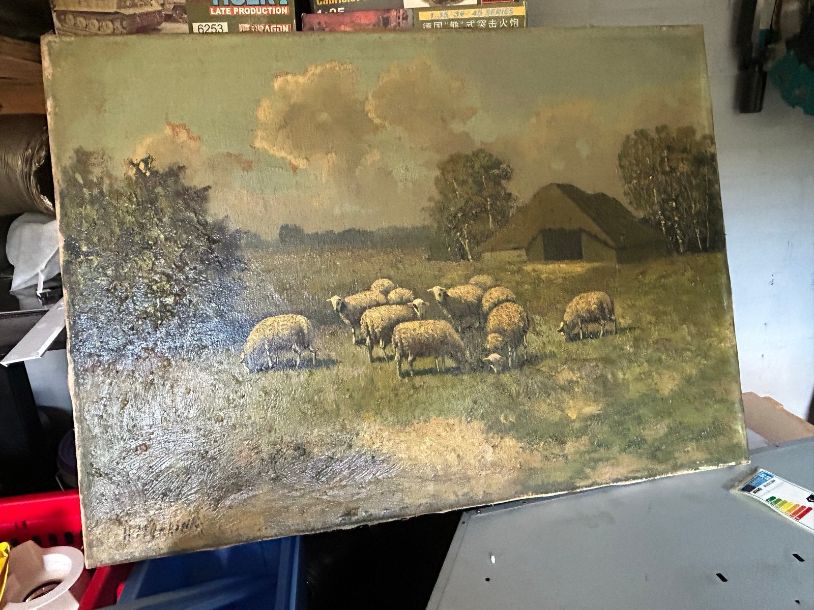 Olieverfschilderij Schaapskooi met schapen in landschap, Doek, Realistisch, Ophalen of Verzenden, Olieverf