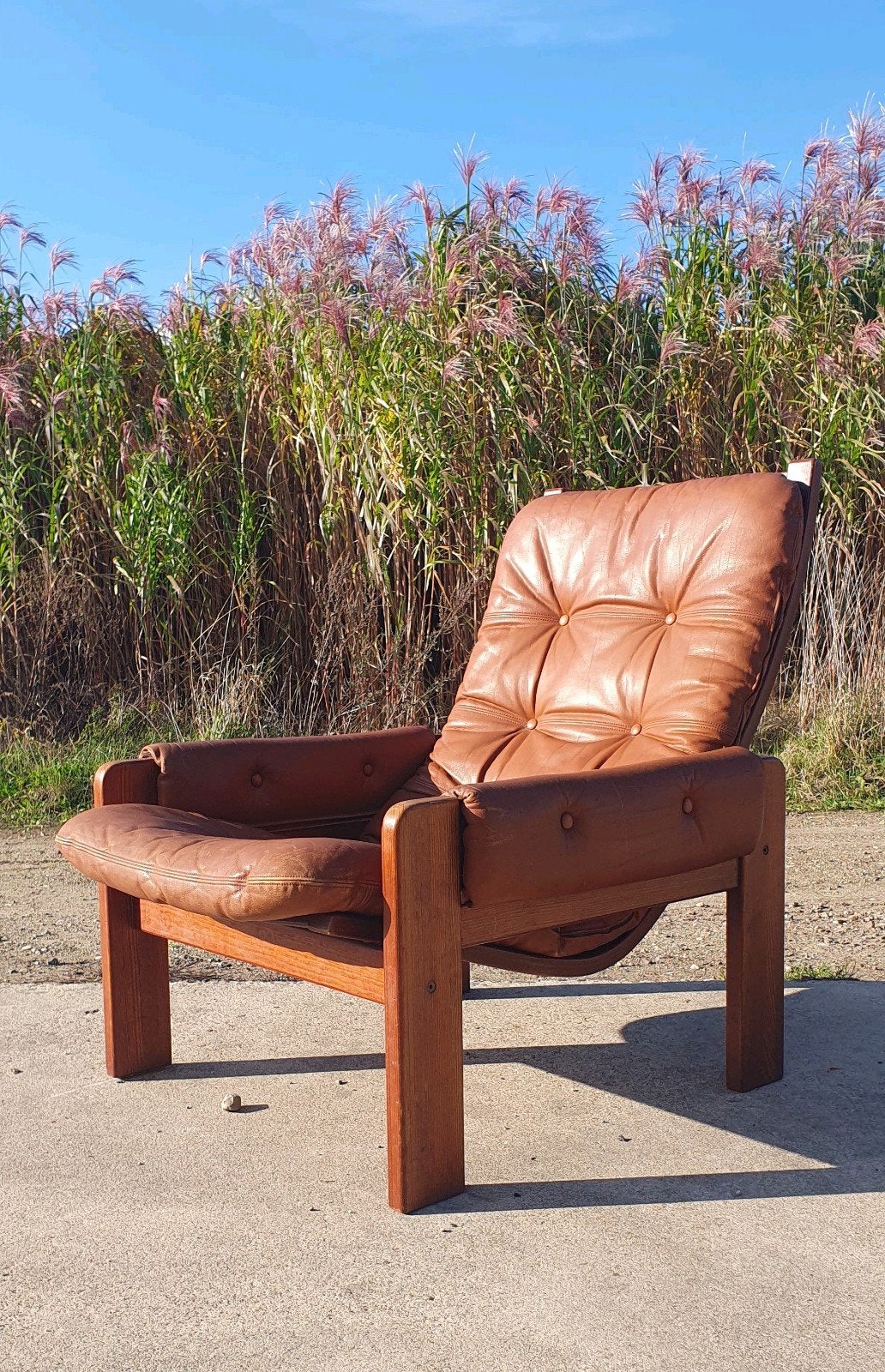 Vintage zweeds / Deens design stoel, Ophalen, Gebruikt, Leer, Brutalist scandinavisch mcm