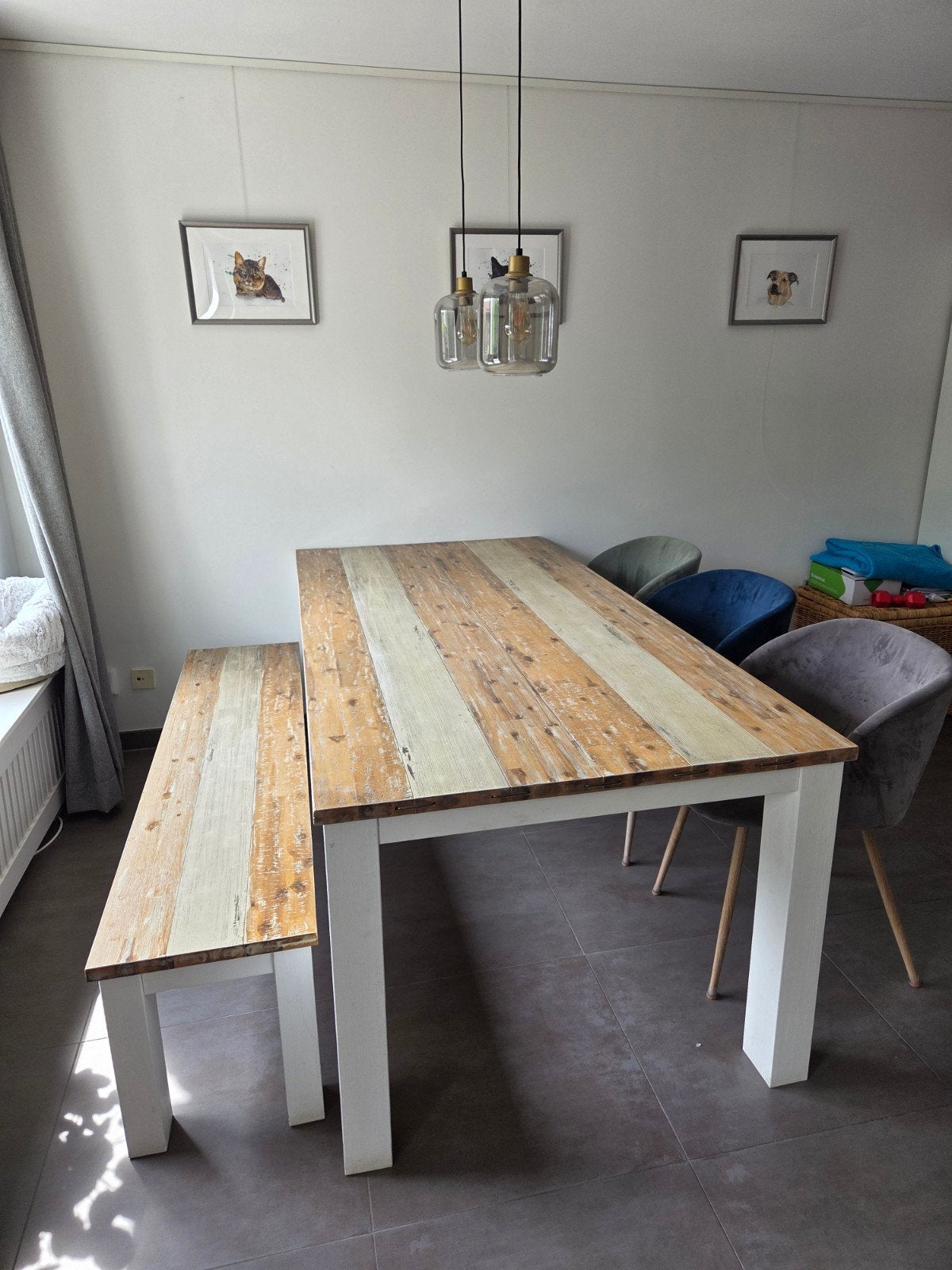 Eettafel met bankje en 3 stoelen (tafel: 210x100x78,), Ophalen, Gebruikt, Overige kleuren, Drie