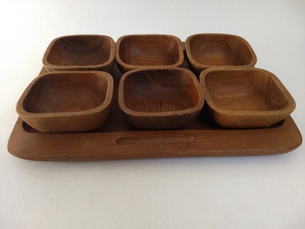 vintage teakhouten snackschaal pinda set, Ophalen, Overige typen