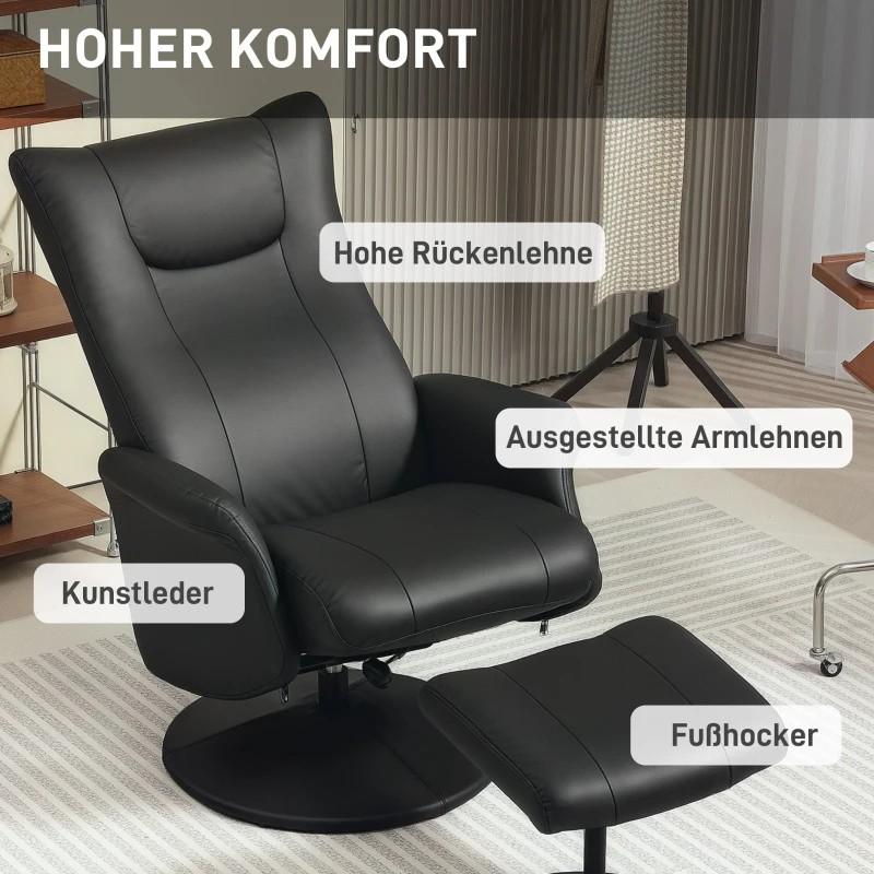 Luxe Zwarte Relaxfauteuil met Voetenbank - 360 Draaibaar, Kunststof, Nieuw, 75 tot 100 cm, Ophalen of Verzenden