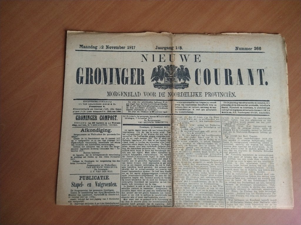 Nieuwe Groninger Courant. Maandag 12 November 1917, Ophalen of Verzenden, Nieuw, Muziek, Film of Tv
