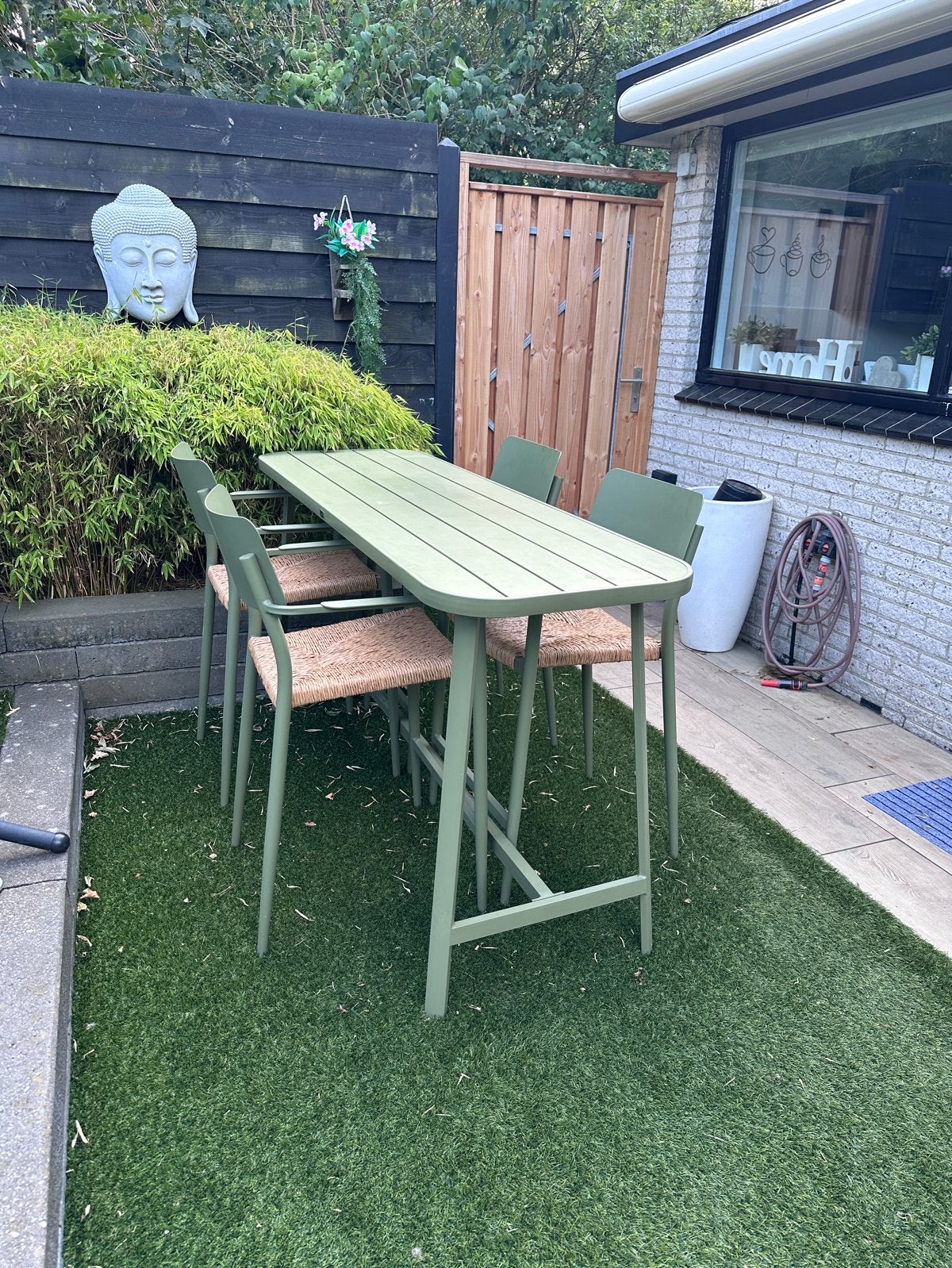 Moderne Groene Bartafel met 4 Barkrukken, Ophalen, Gebruikt, Eettafel, Tuinset
