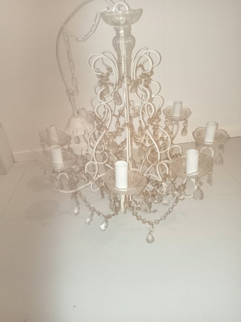 BROCANT SIERLIJK KROONLUCHTER 8 ARM HANGLAMP WIT KRISTALLEN, Ophalen, Gebruikt, BROCANT   BAROK
