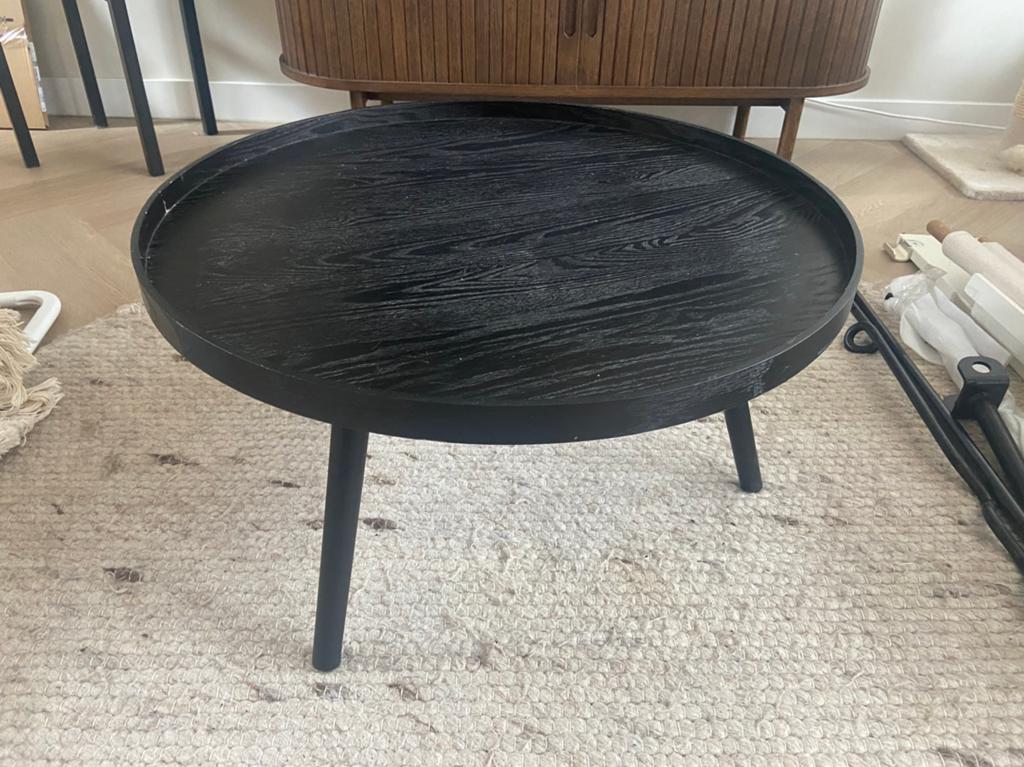 Zwarte ronde salontafel WOOOD houten blad ø60cm, Ophalen, Minder dan 45 cm, Gebruikt, Rond