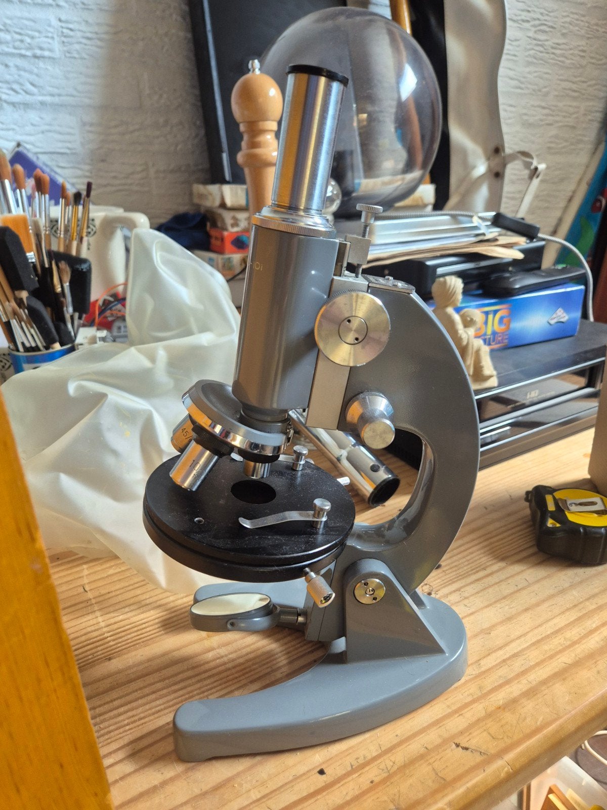 Vintage Euromex Schoolmicroscoop met houten kist, Ophalen of Verzenden