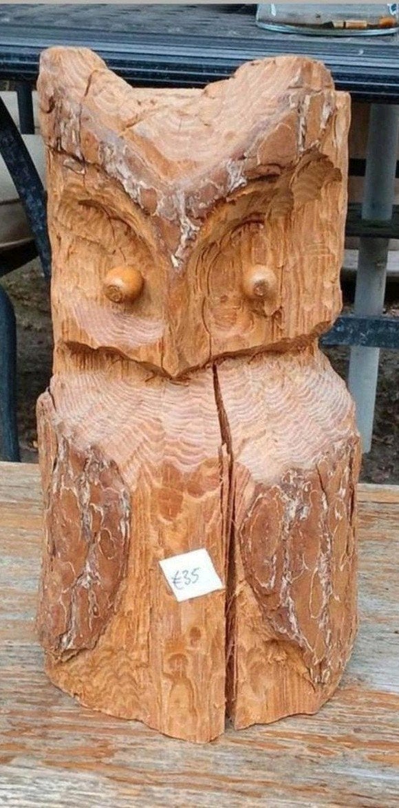 Vintage Handgesneden Houten Uil - Uniek Decoratiestuk, Antiek en Kunst, Kunst | Beelden en Houtsnijwerken, Beeld, Hout, Vogel