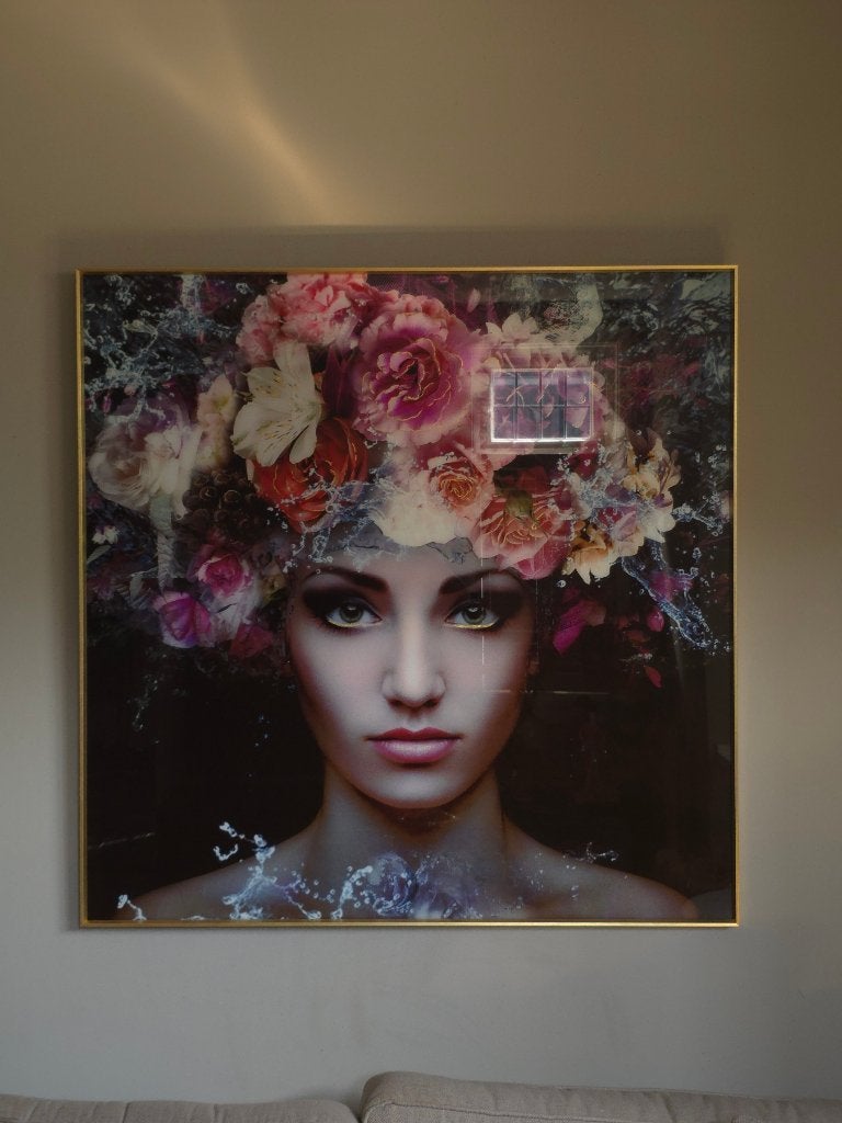 PTMD Melani Glass Art schilderij 120x120cm | Vrouw & goud, Ophalen, Glas, Ingelijst, Overige technieken