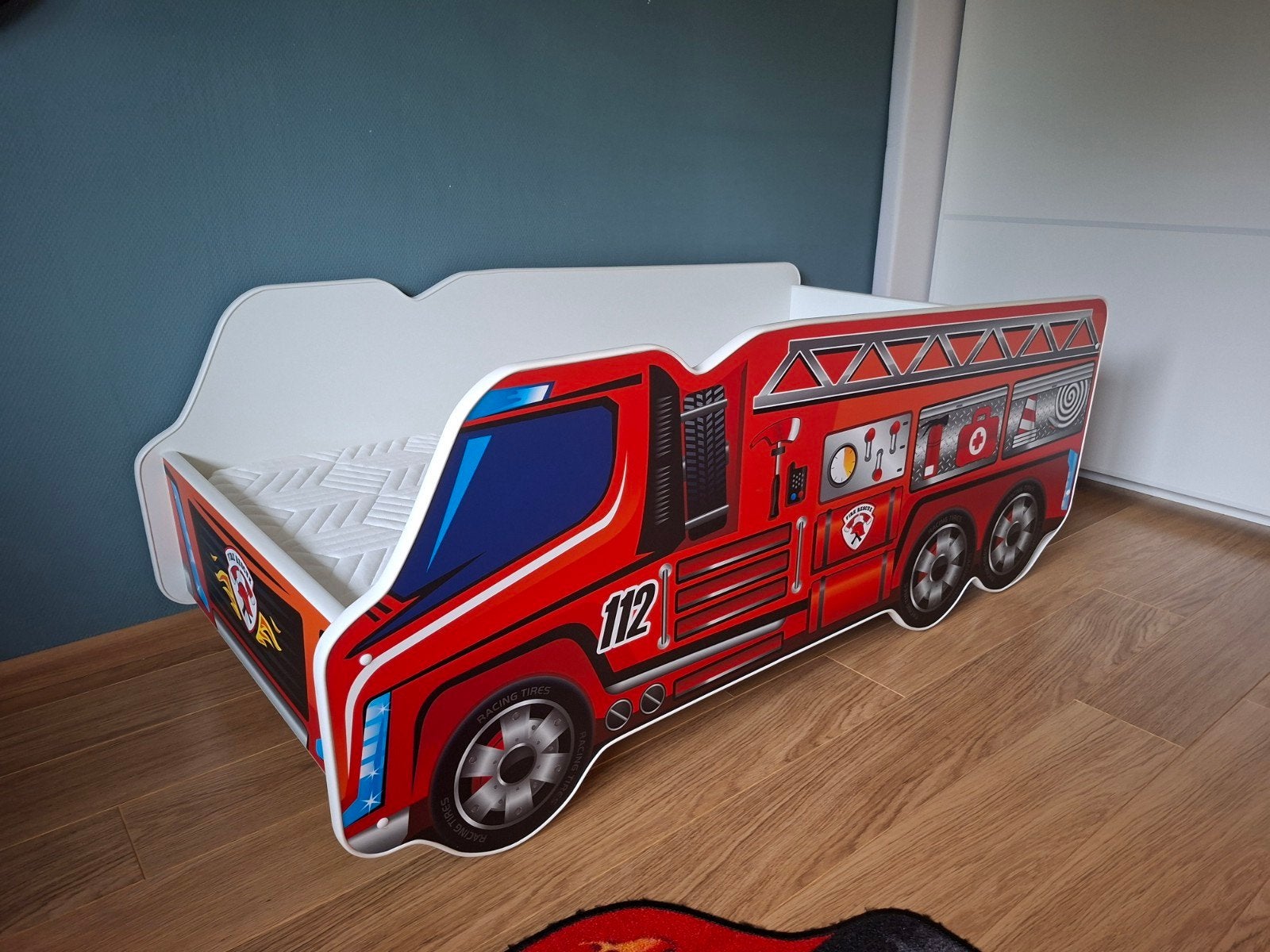 Kinderbed brandweerwagen compleet met matras en beddengoed, Ophalen, 140 tot 160 cm, 70 tot 85 cm, Lattenbodem