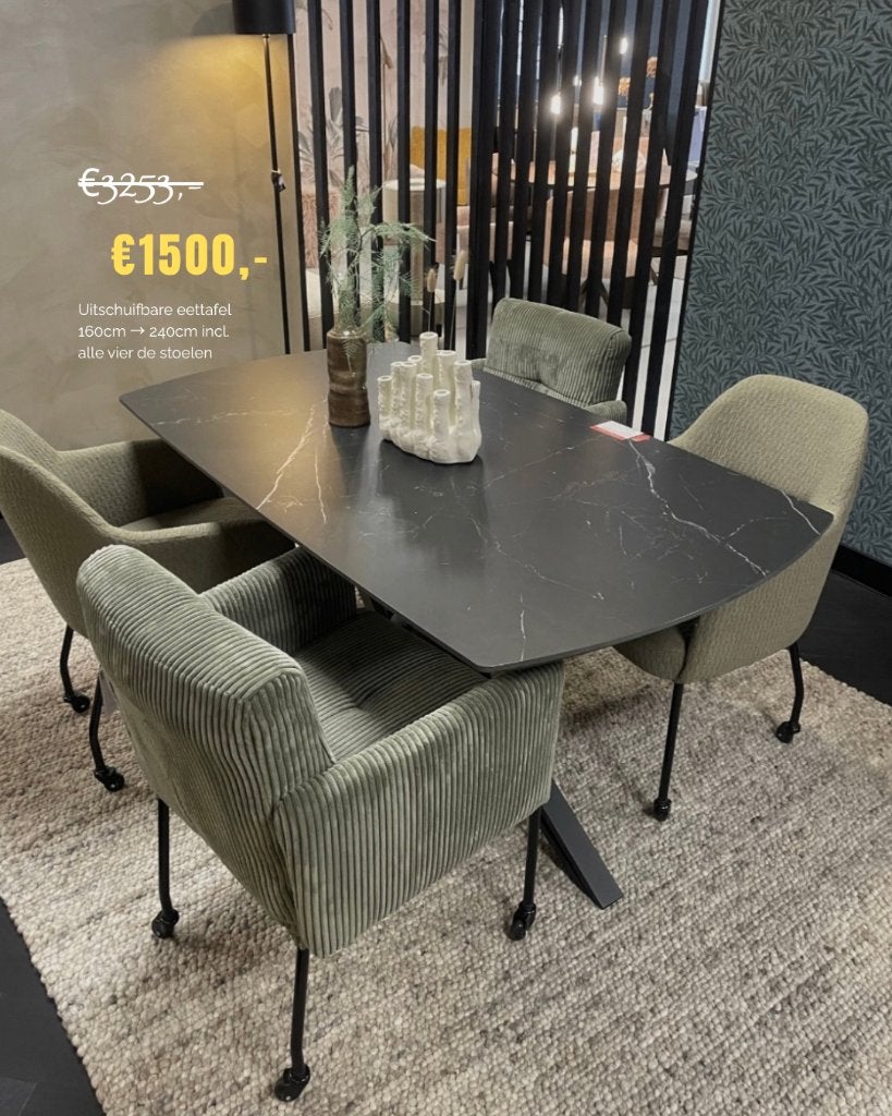 Uitschuifbare eettafel zwart marmer 160->240cm incl. stoelen, Ophalen, Modern, industrieel, Overige materialen, Nieuw