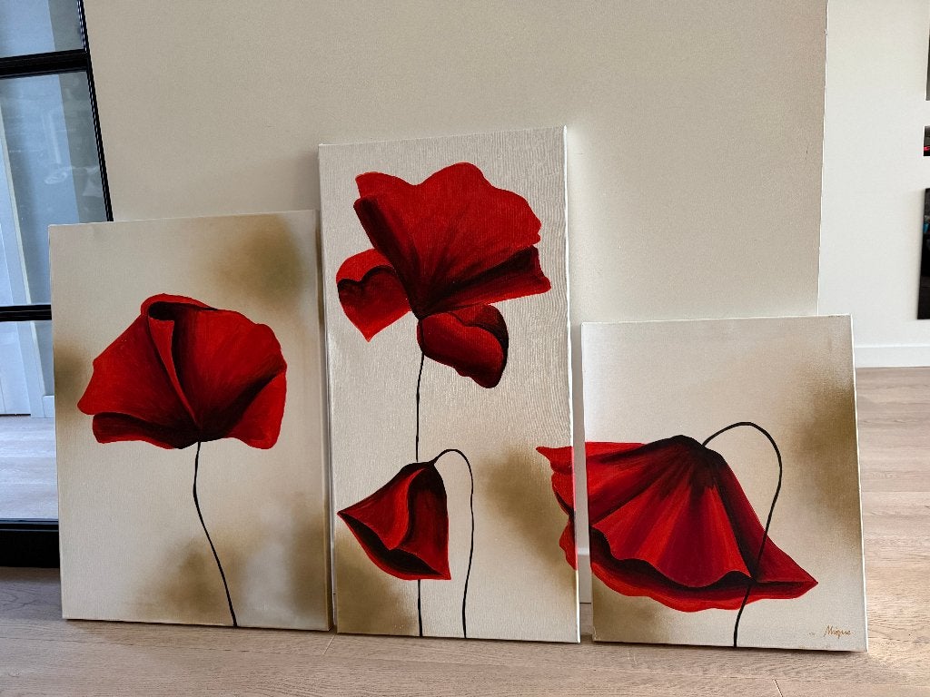 Canvas schilderij drieluik ‘poppy’, Ophalen, Gebruikt, 125 cm of meer, Schilderij