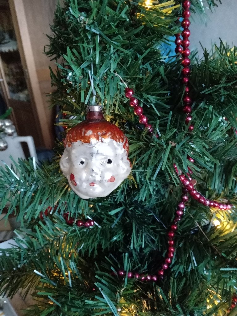 antieke glazen kerstbal model kinderhoofdje, Diversen, Kerst, Ophalen of Verzenden, Gebruikt