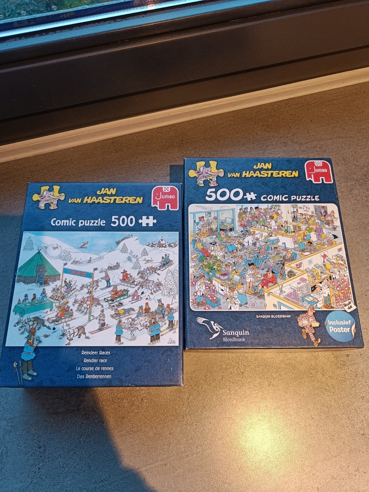 2 Jan van Haasteren puzzels 500 stukjes: Bloedbank & Rendier, Ophalen of Verzenden, Meer dan 50 stukjes, Zo goed als nieuw, 6 jaar of ouder
