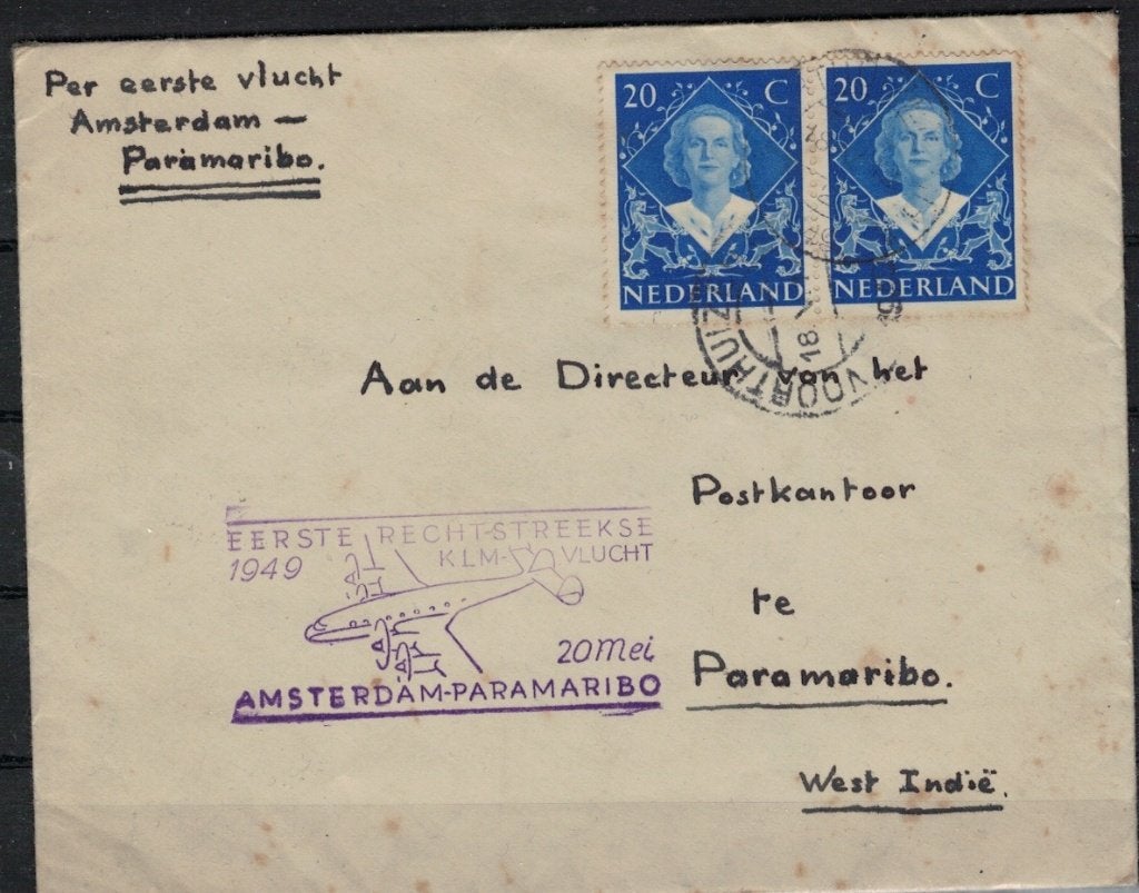 B106 Nederland KLM vlucht naar Suriname, Verzenden, Gestempeld