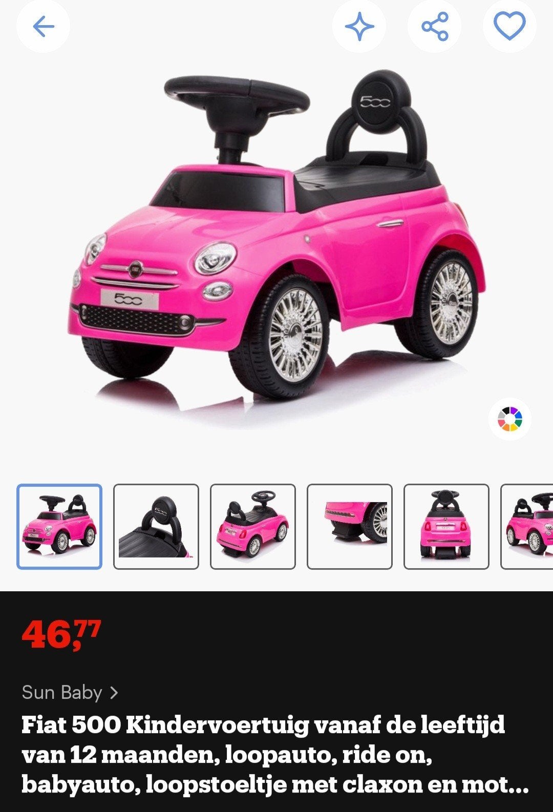 Loopauto met geluid. Roze Fiat 500, Ophalen, Nieuw
