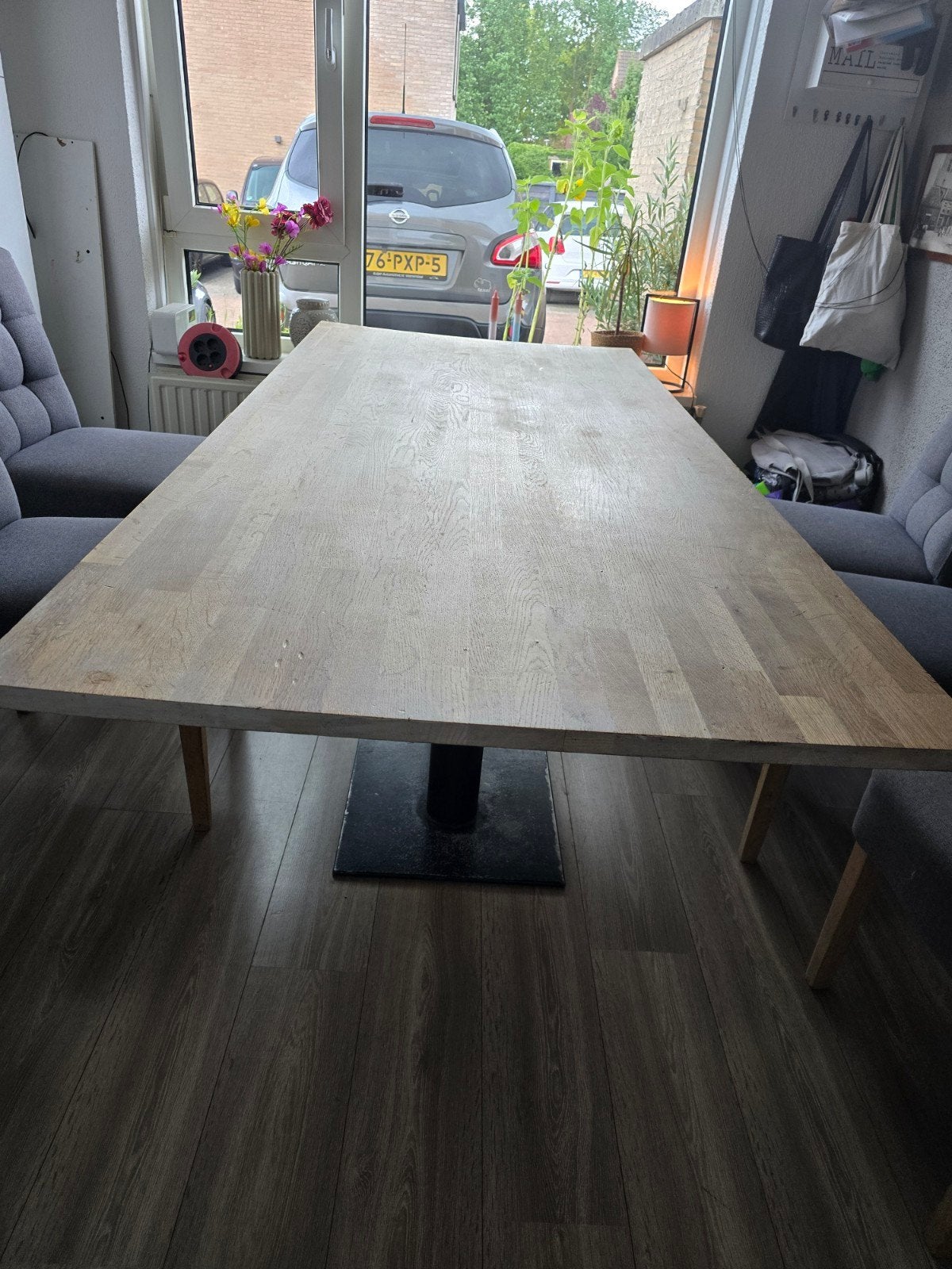 Grote eettafel 200x90 met metalen poot (opknapper), Huis en Inrichting, Tafels | Eettafels, Overige houtsoorten, Gebruikt, 200 cm of meer
