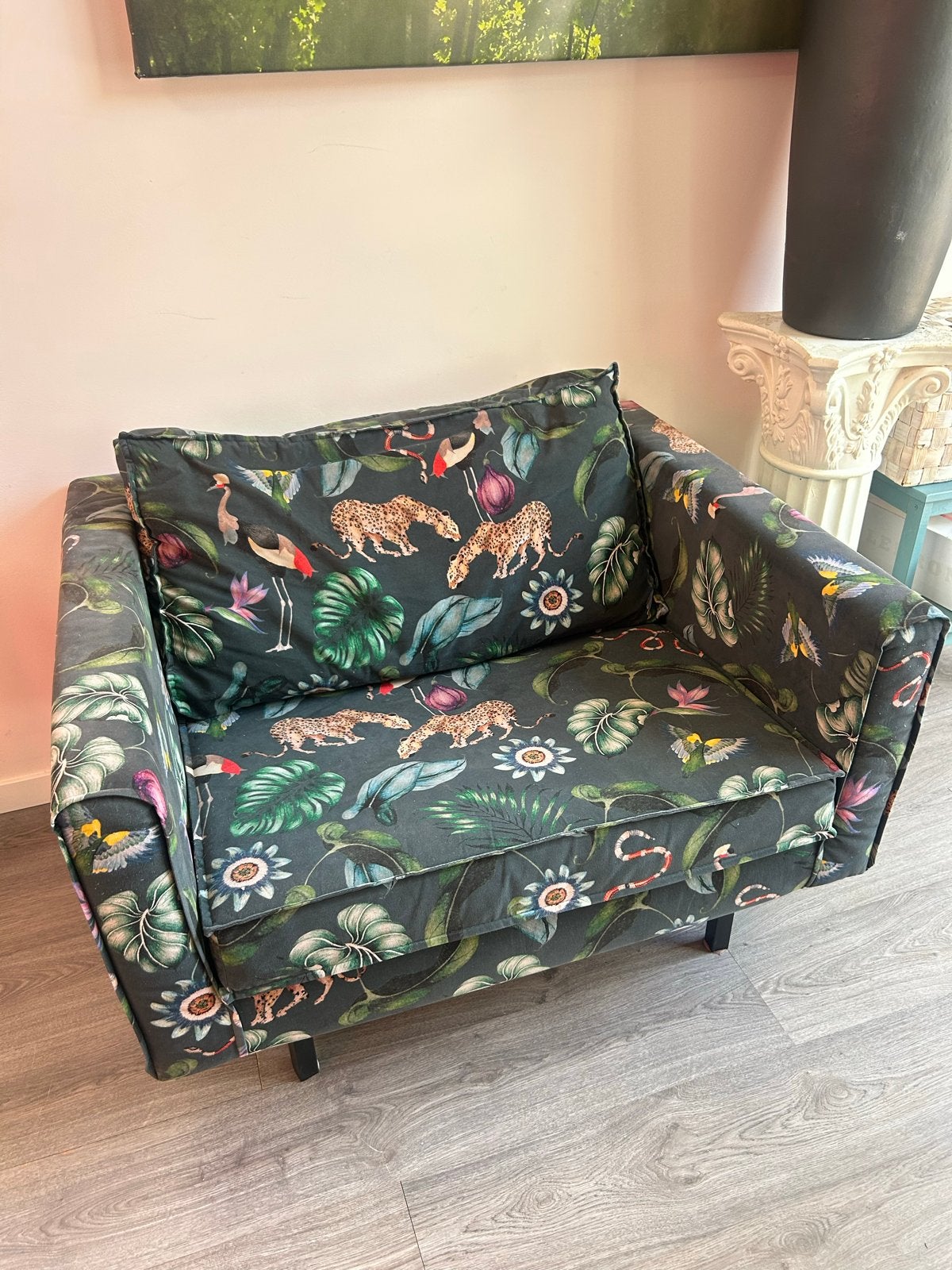 Fauteuil met jungleprint, 107x87 cm, Gebruikt, 75 tot 100 cm, Ophalen of Verzenden, 100 tot 125 cm